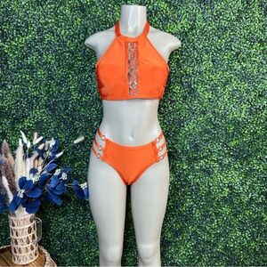 Nwt  Orange Bikini Set‎ High-Neck Halter bandage material